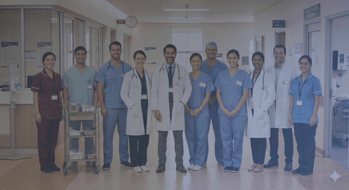 A diverse team of healthcare professionals in a hospital